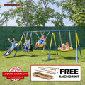 Sportspower Super Star 5-in-1 Metal Swing Set: 2 Swings, Flying Saucer, 2-Person Roman Glider, 6.5ft Slide; Great for Kids 3-8; Bonus Anchor Kit