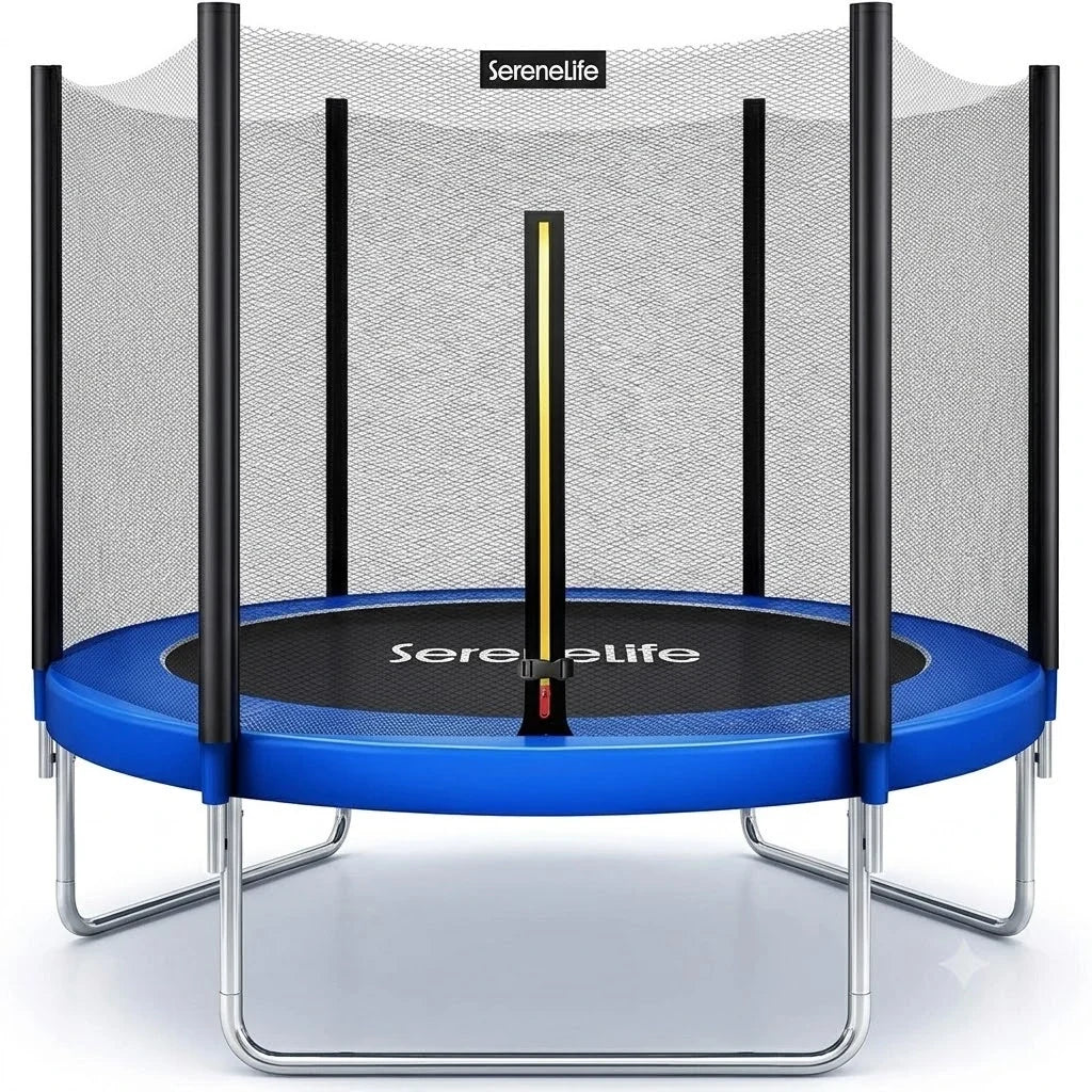SereneLife 8FT 10FT 12FT 14FT Outdoor Trampoline for Kids – Recreational Backyard Trampoline with Curved Safety Poles and Net Enclosure- ASTM Approval for Kids Adults