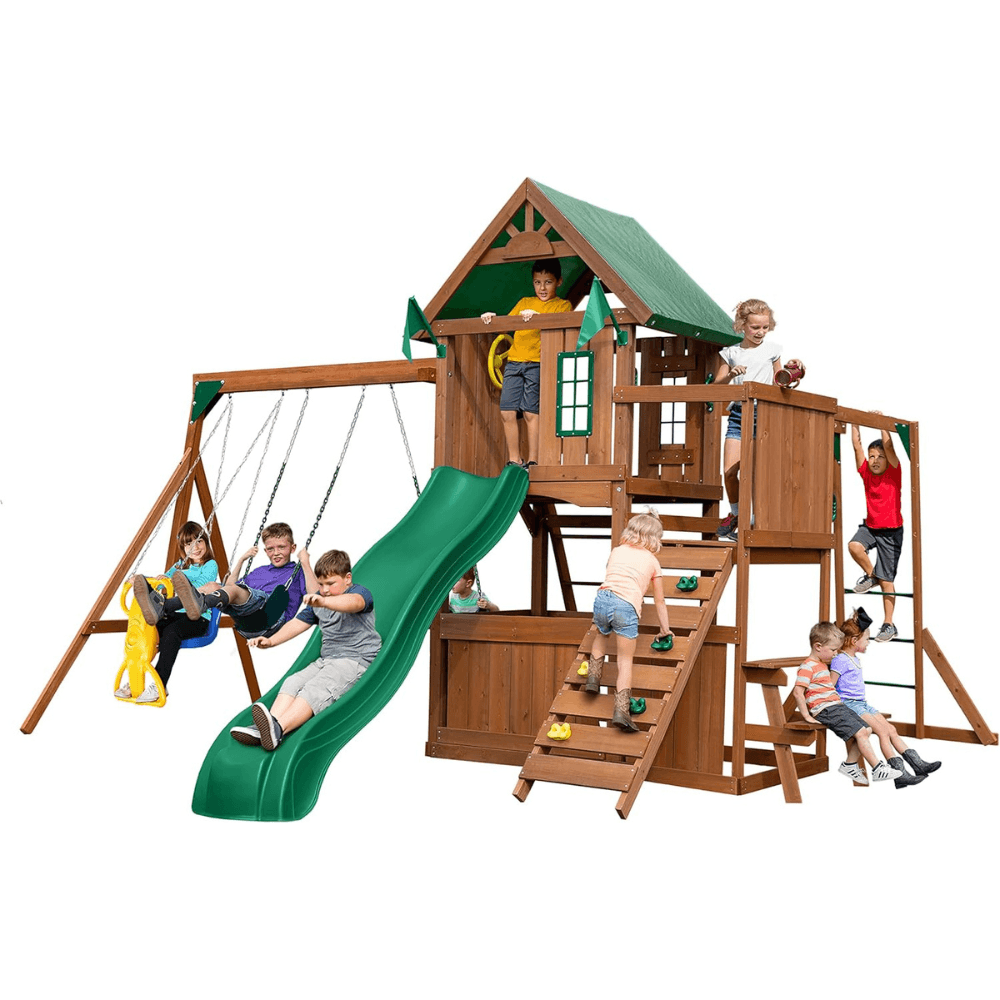 Knightsbridge Plus Complete Wooden Outdoor Playset with Monkey Bars, Slide, Rock Wall and Swing Set Accessories
